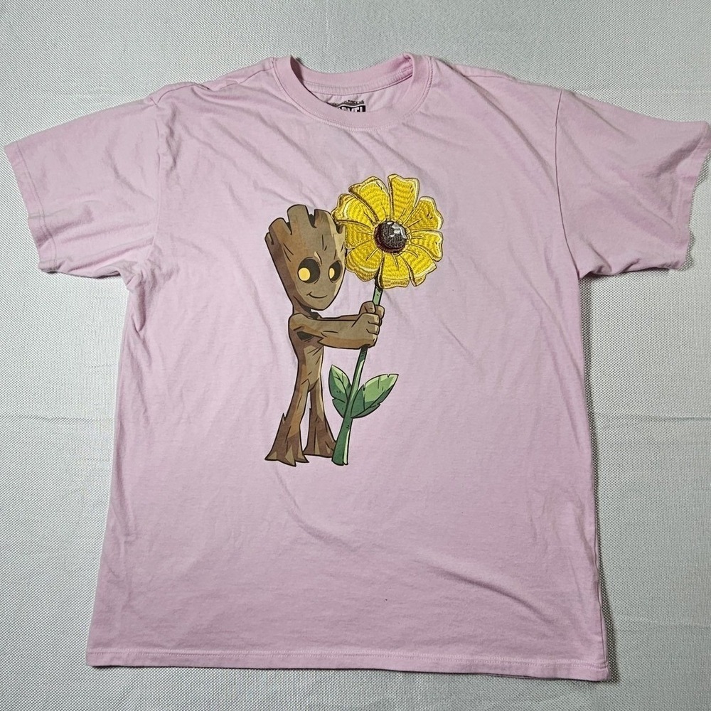 Marvel Baby Groot Pink Graphic Tee Embroidered Sunflower Shirt Womens Medium